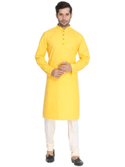 Men's Yellow Cotton Linen Blend Kurta Pyjama Set