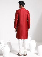 Men's Maroon And Cream Dupion Silk Kurta Pyjama Set