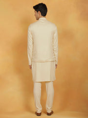 Men's Cream Linen Cotton Jacket, Kurta and Pyjama Set