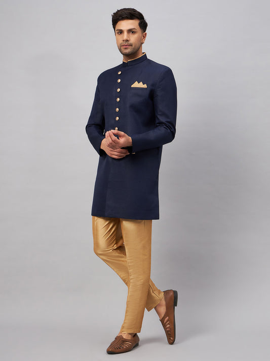 Men's Dark Blue Polyester Lurex Blend Sherwani Only Top