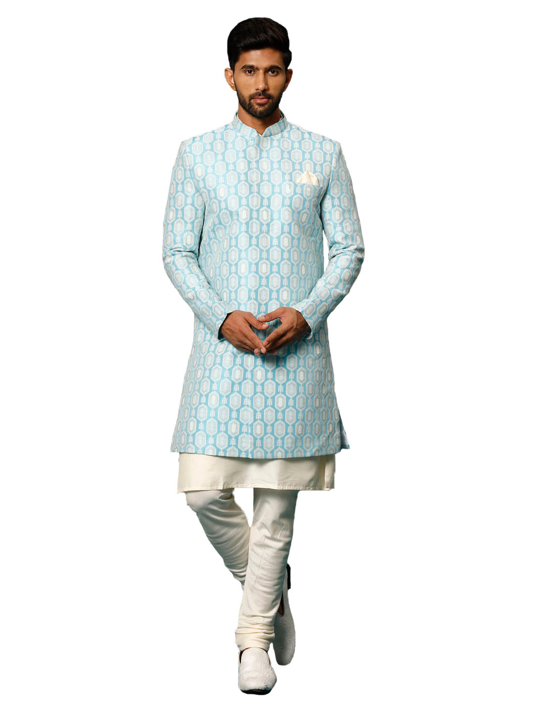 Men's Blue And Cream Viscose Sherwani Set