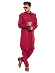 Men's Maroon Cotton Blend Pathani Kurta Set