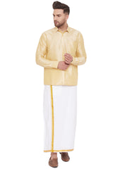 Men's Gold and White Silk Blend Shirt And Mundu