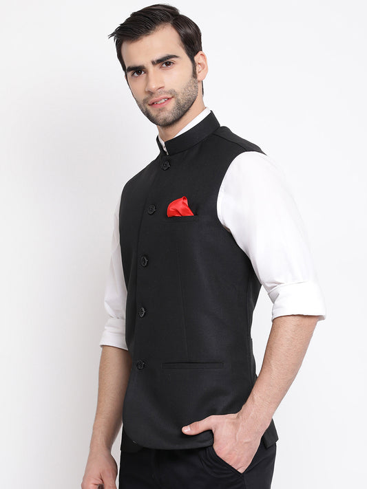 Men's Black Cotton Silk Nehru Jacket