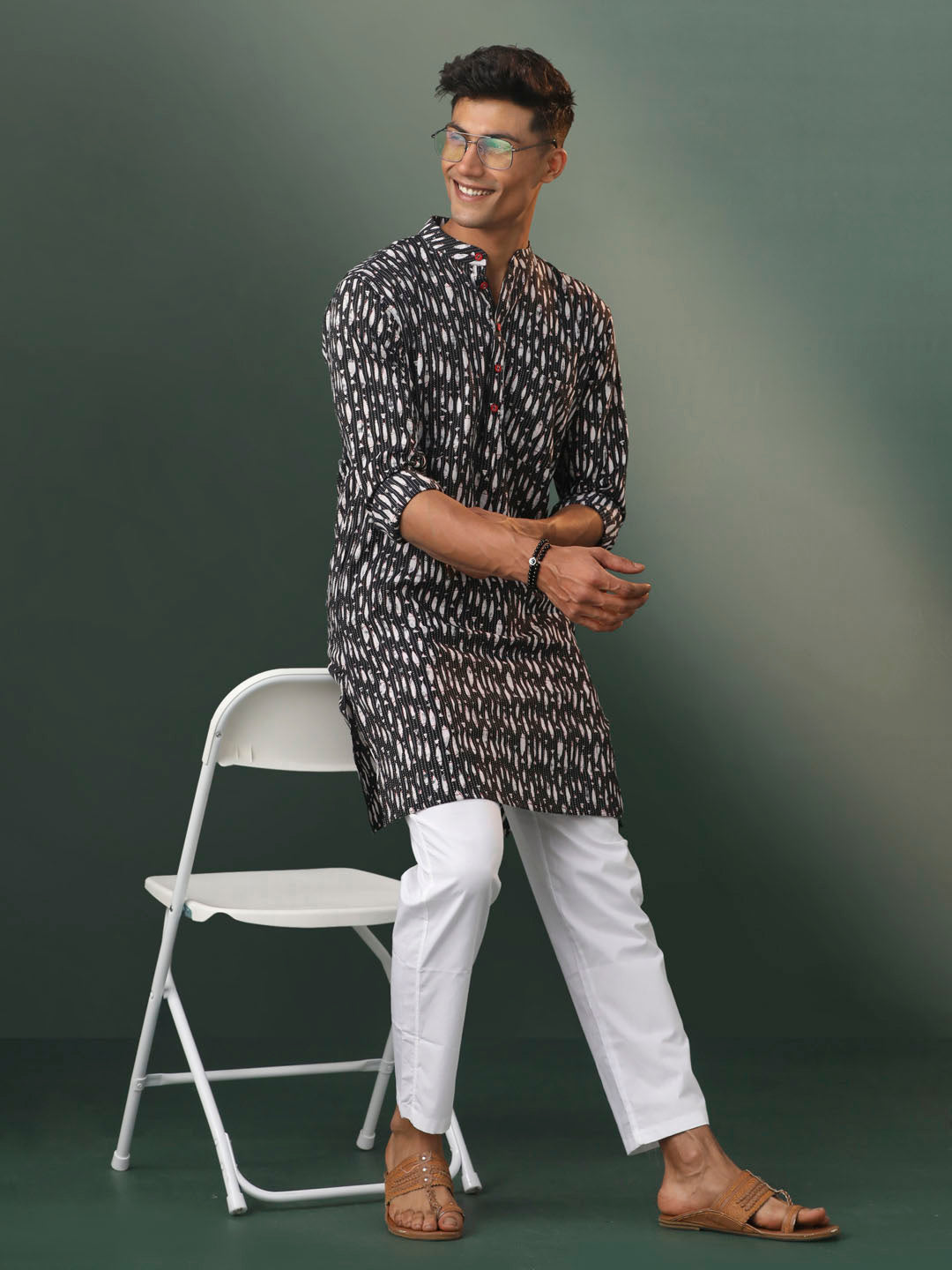 Men's Black And White Cotton Kurta Pyjama Set