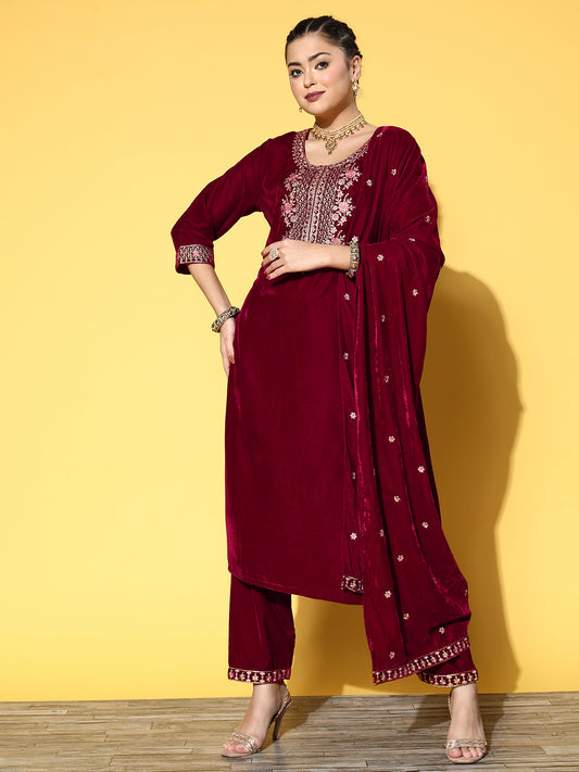 maroon embroidered kurta set with embroidered dupatta