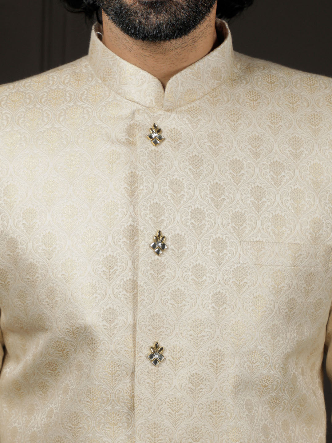 Men's Gold And Cream Silk Blend Sherwani Set