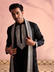 Men's Black And Cream Moonga Silk Kurta, Pyjama & Dupatta Set