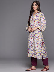 Women Off White Ikat Printed Shirt Collar Straight Kurta  Paired With Violet Solid Bottom.