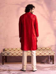 Men's Red And Cream Moonga Silk Kurta, Pyjama & Dupatta Set