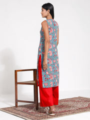 Women's Blue And Red Kurta Set