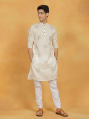 Men's Cream And White  Kora Kurta Pyjama Set