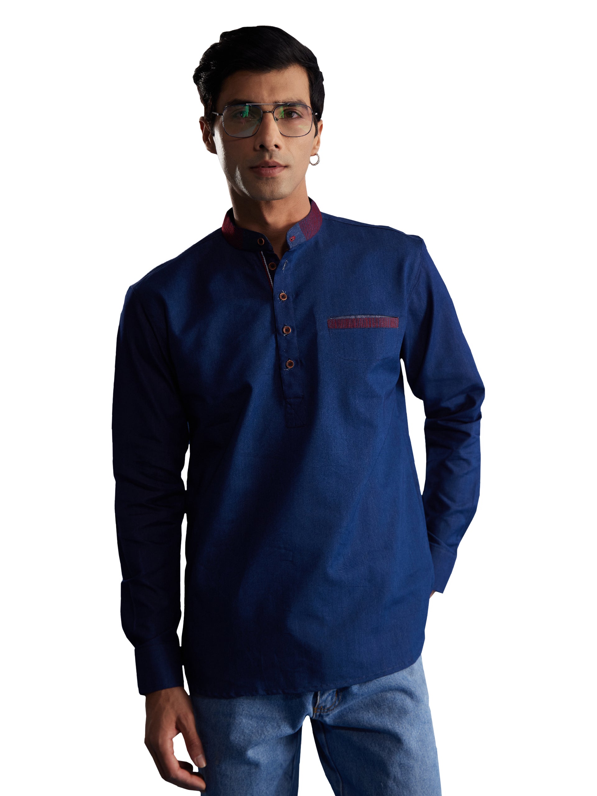 Men's Navy Blue Denim Short Kurta