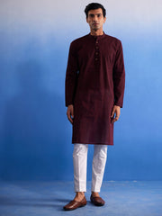 Men's Maroon And White Pure Cotton Kurta Pyjama Set