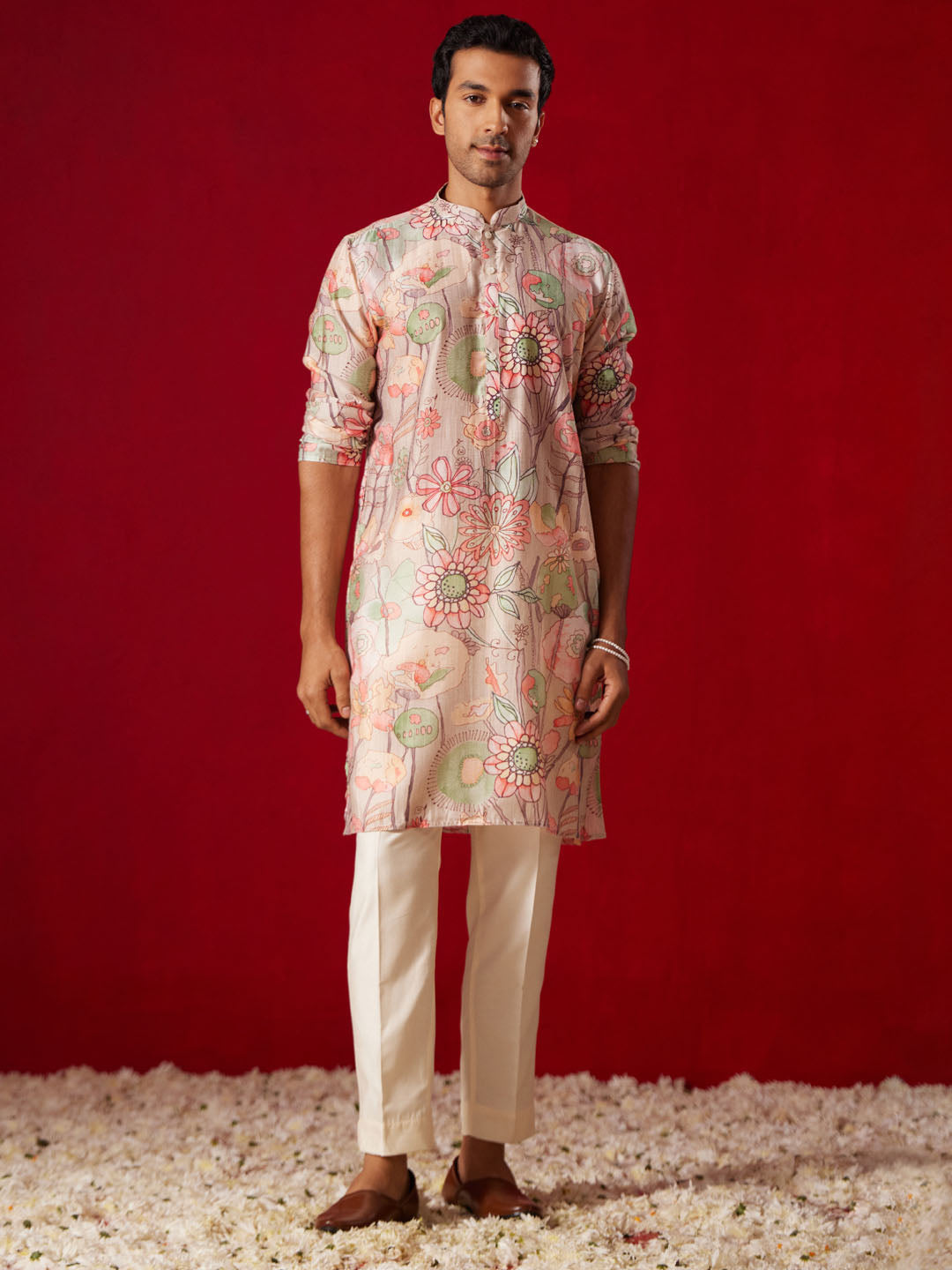 Men's Multi color Base Cream Cotton blend Kurta Pyjama Set