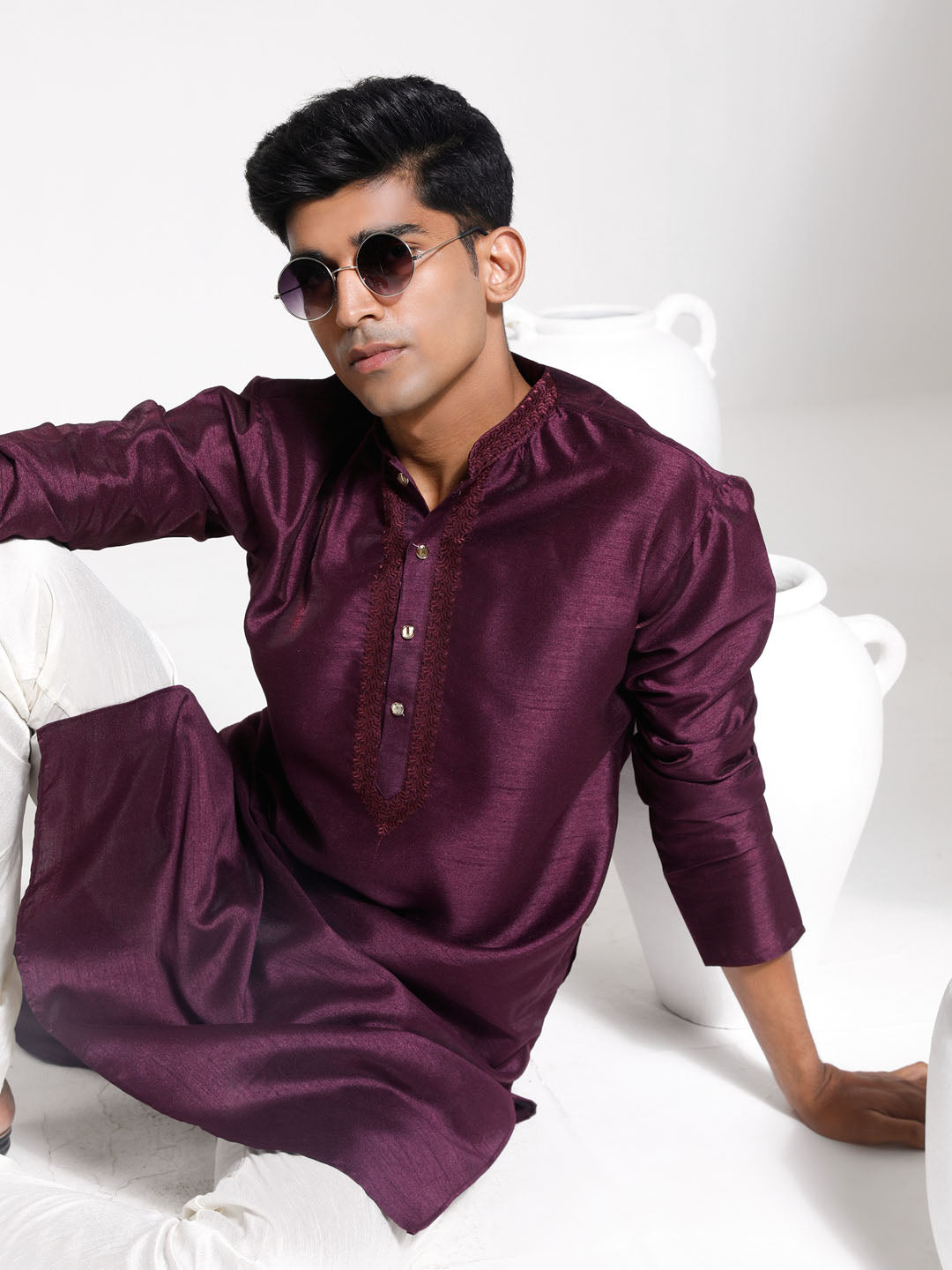 Men's Wine Dupion Silk Kurta