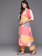 Women Pink Abstract Printed Straight Kurta Paired With Bottom