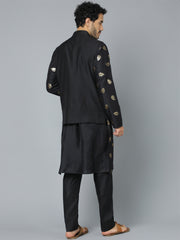 Men's Black Cotton Blend Jacket, Kurta and Pyjama Set