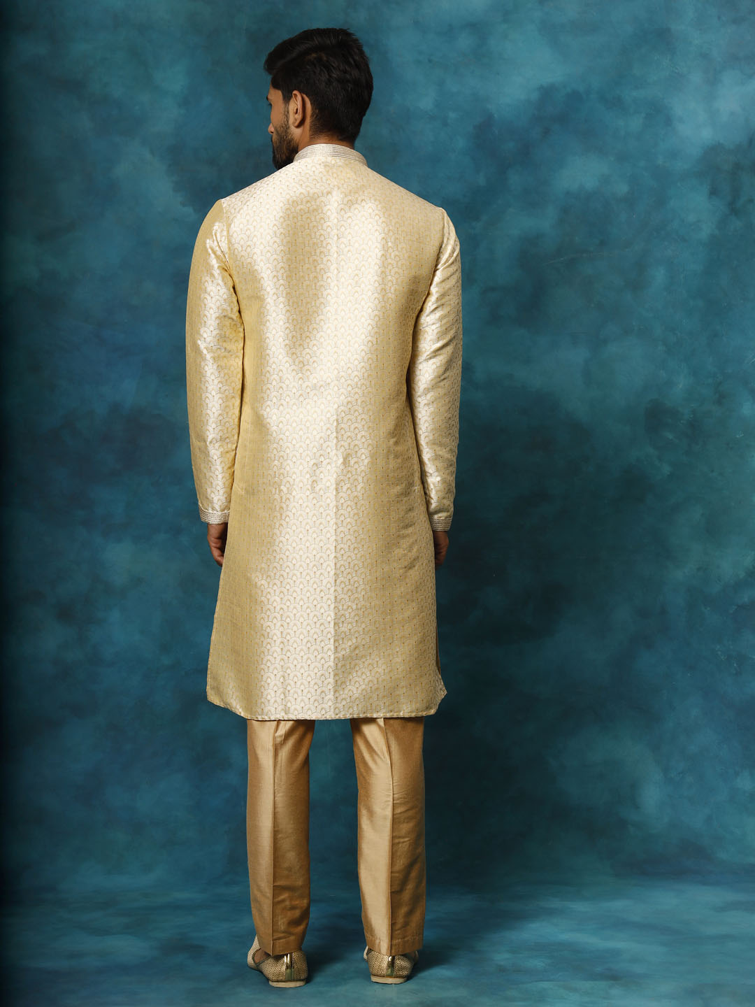 Men's Gold And Rose Gold Silk Blend Kurta Pyjama Set