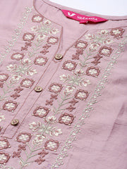 Women Mauve Thread Work Straight Kurta With Solid Trouser And Dupatta Set