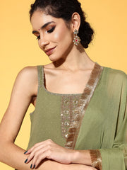 Green Kurta With Strap And Embroidery Paired With Straight Pant And Chiffon Dupatta With Fringe