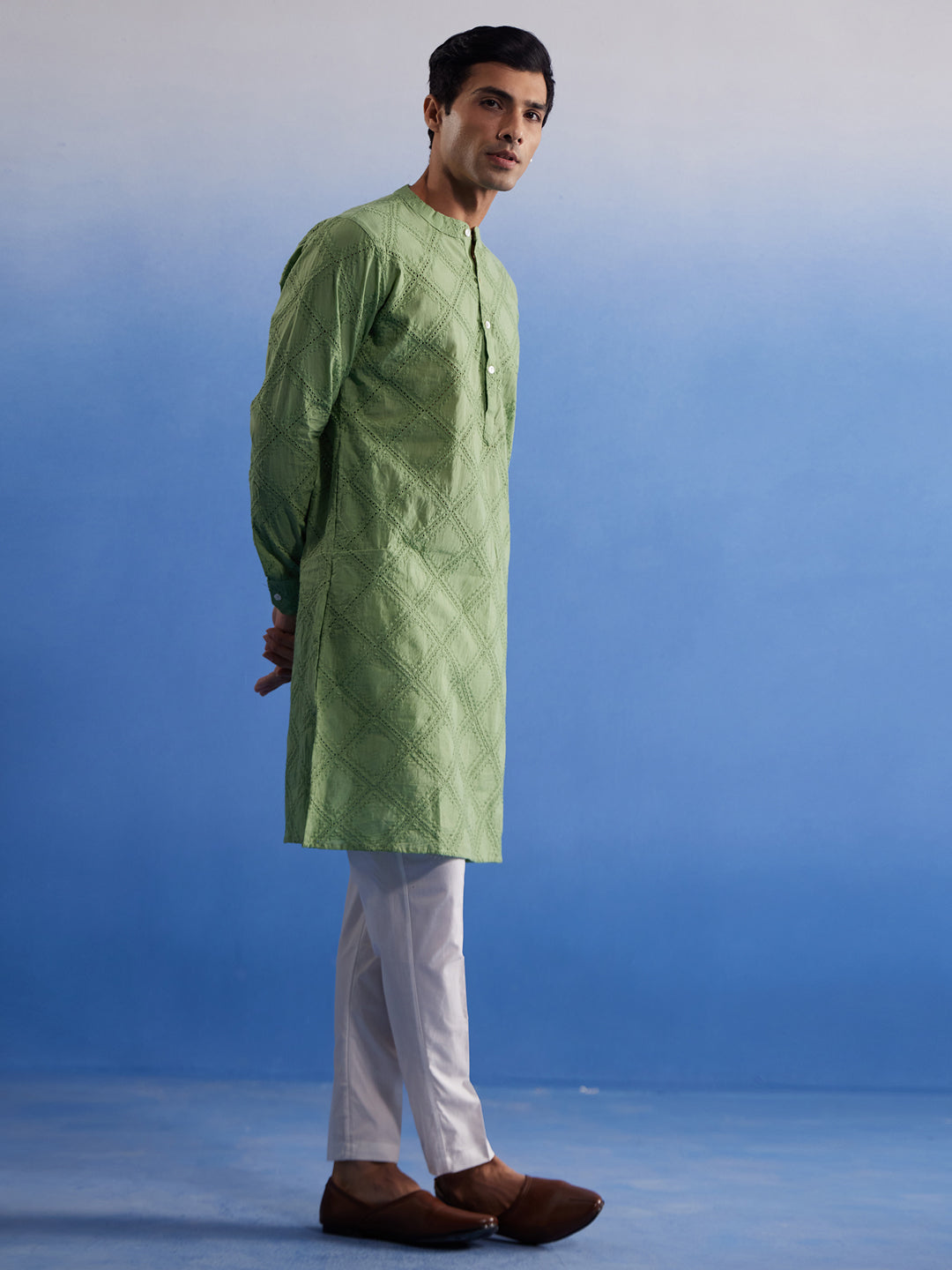 Men's Green Cotton Kurta Pyjama Set