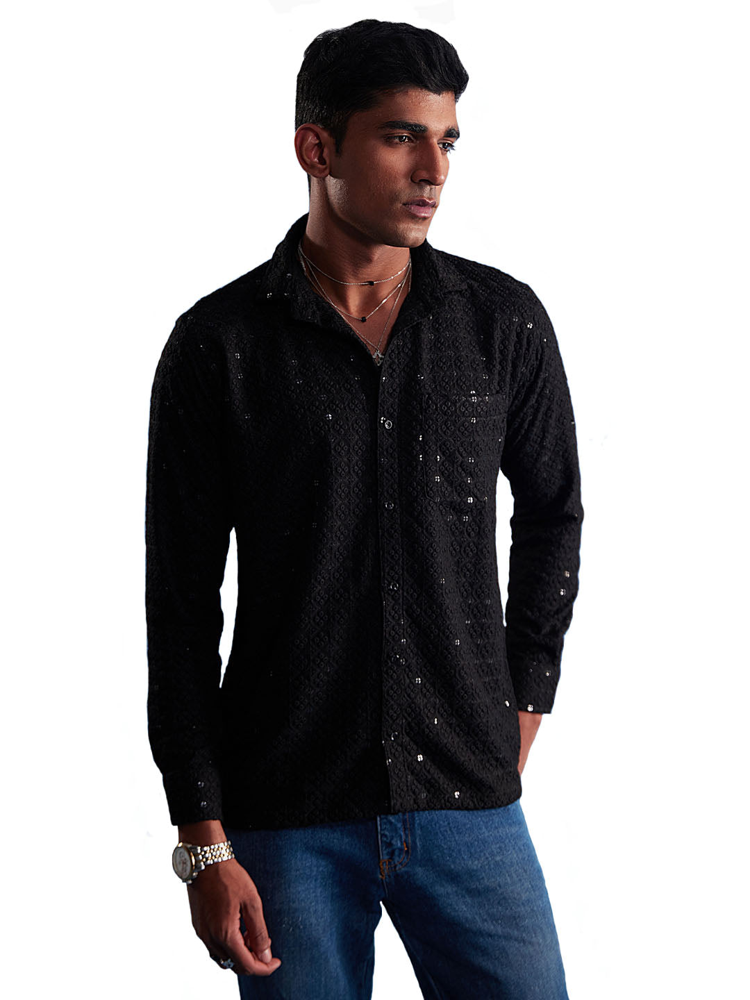 Men's Black Rayon Ethnic Shirt