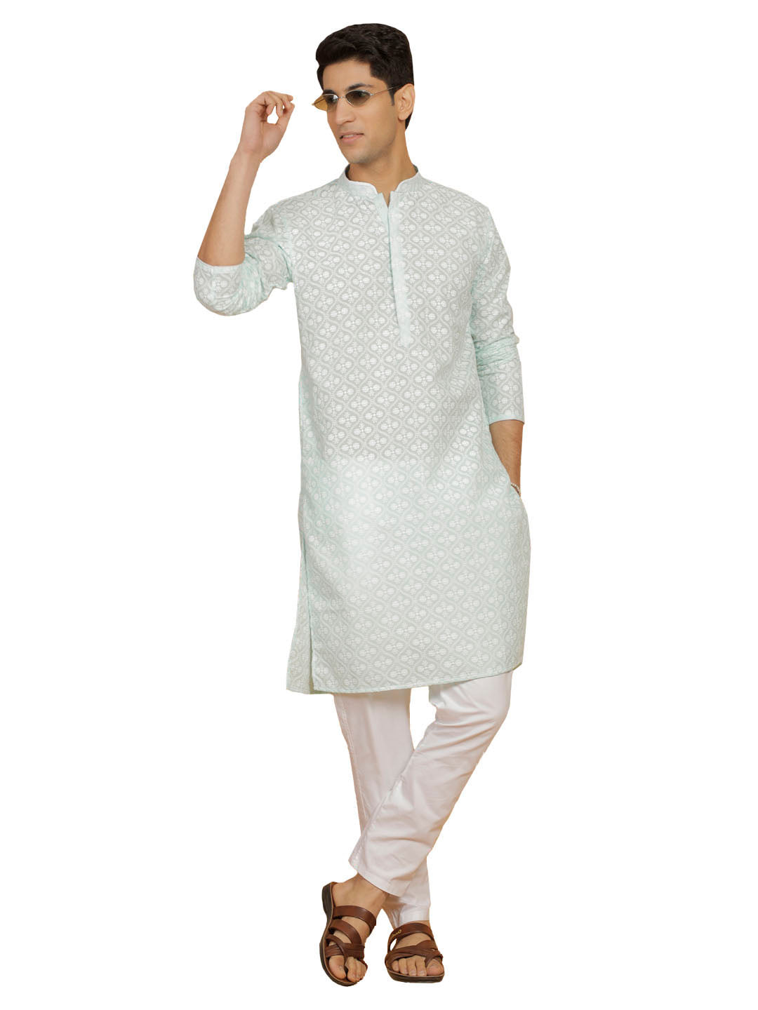 Men's Green And White Cotton Kurta And Pyjama Set