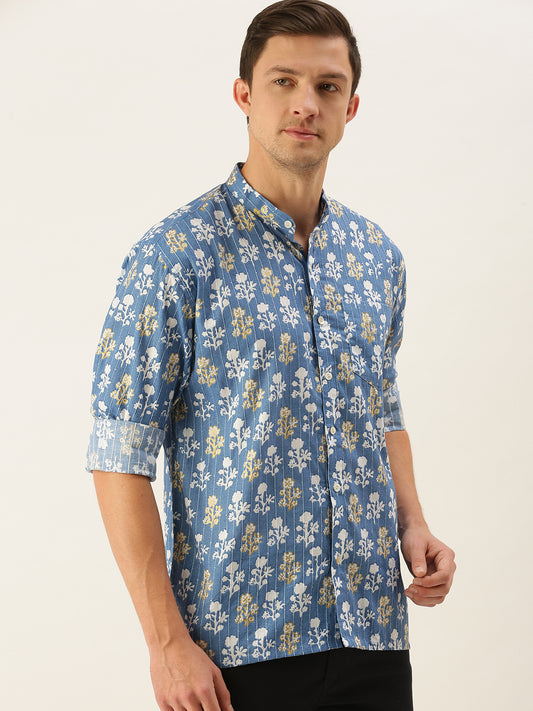 Men's Blue Cotton Ethnic Shirt