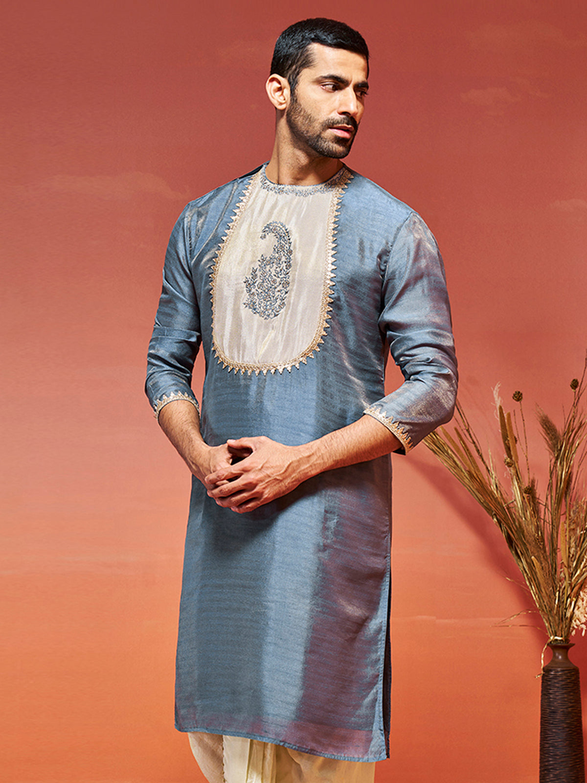 Men's Gray Silk Blend Kurta