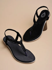 Shoetopia Embellished Black Flat Sandals For Women & Girls