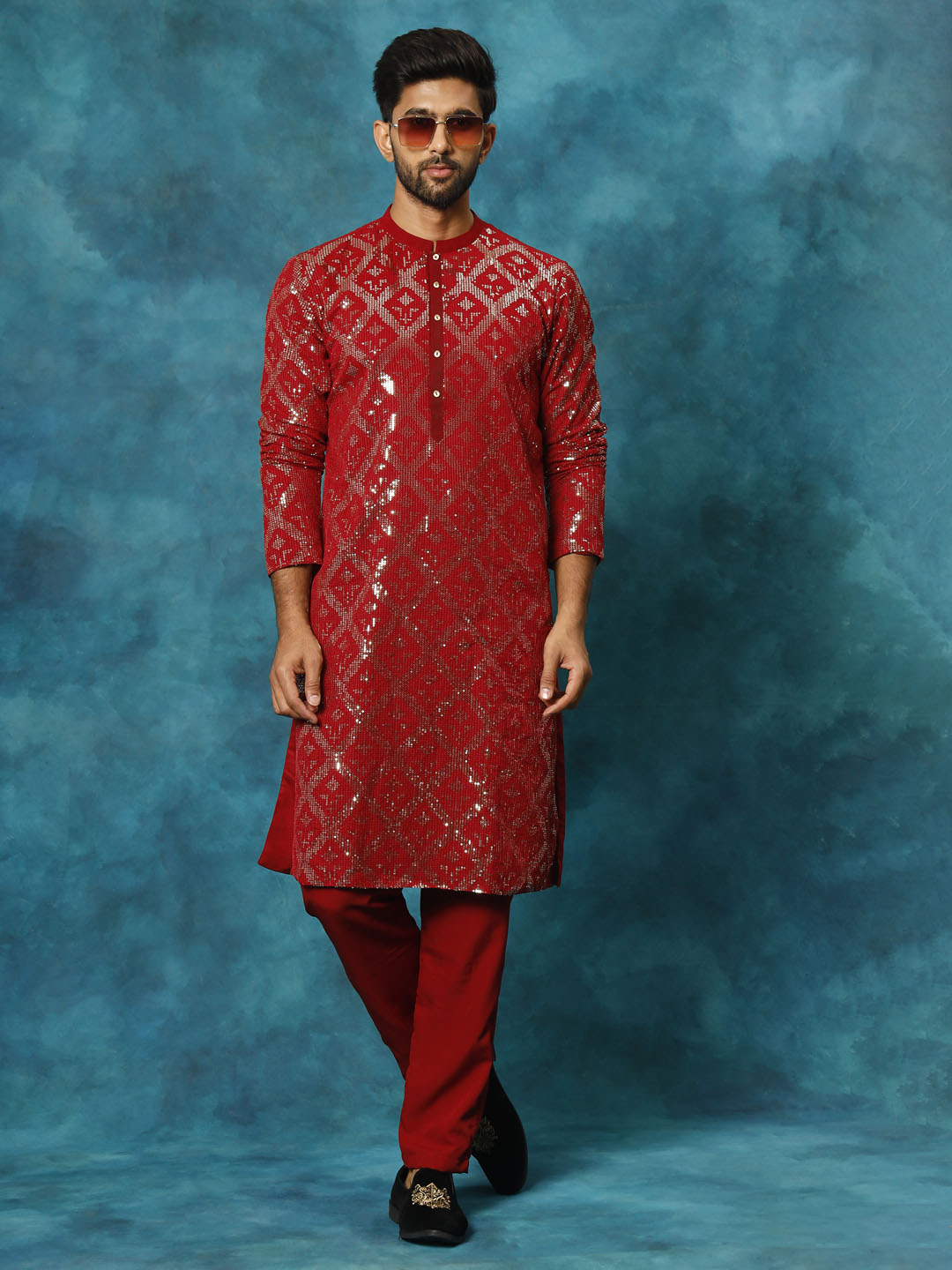 Men's Maroon Georgette Kurta Pyjama Set