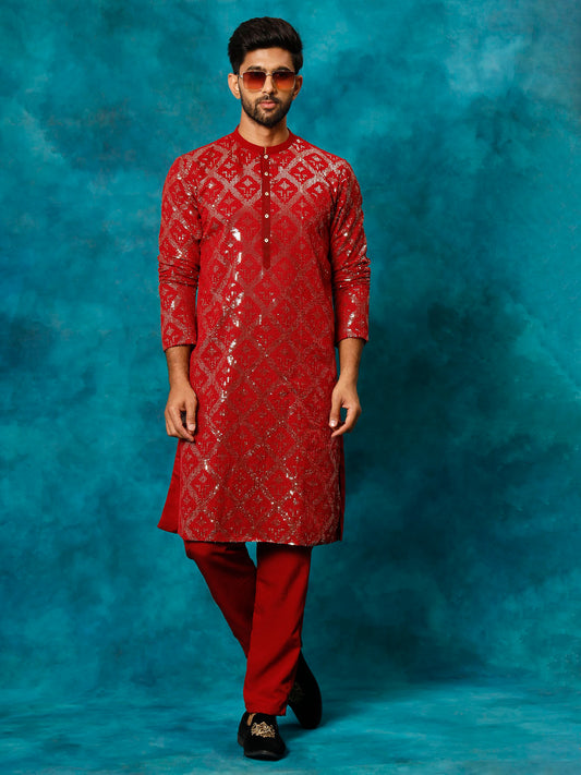 Men's Maroon Georgette Kurta Pyjama Set