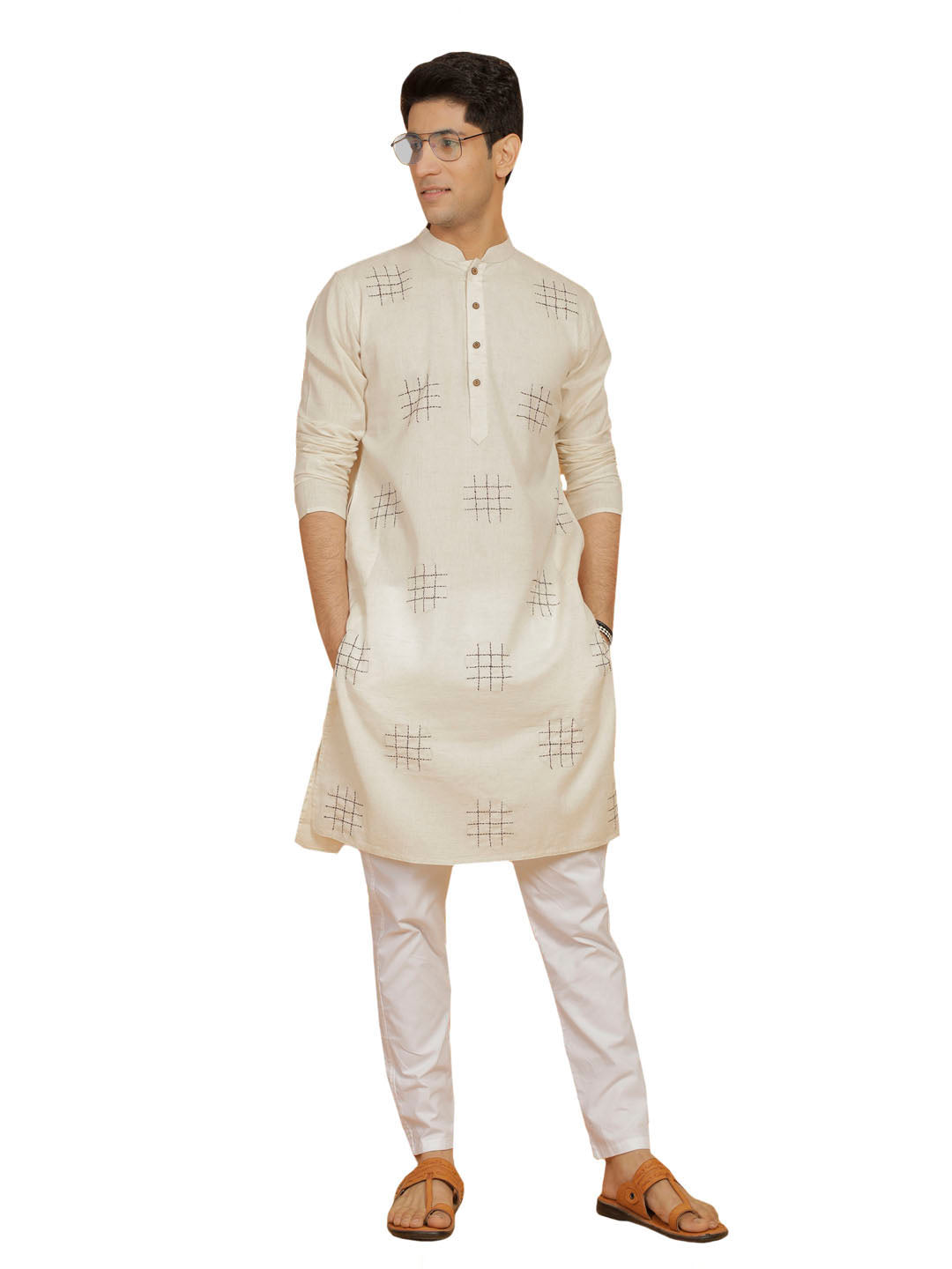 Men's Cream And White  Kora Kurta Pyjama Set