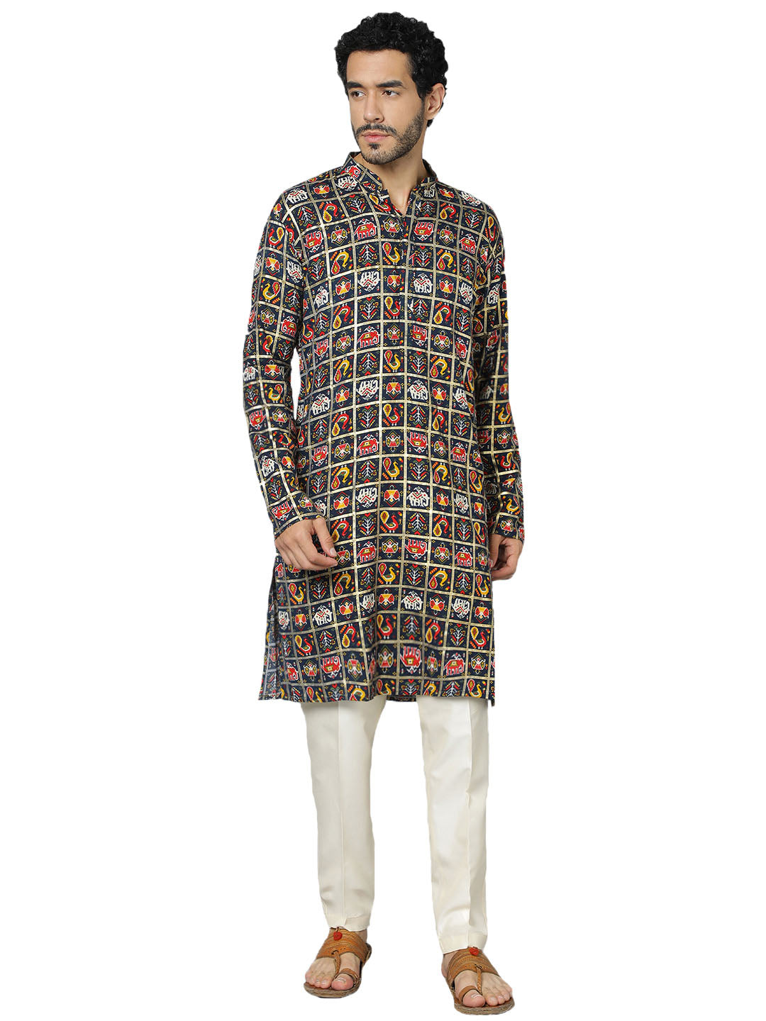 Men's Navy Blue And Cream Rayon Kurta Pyjama Set