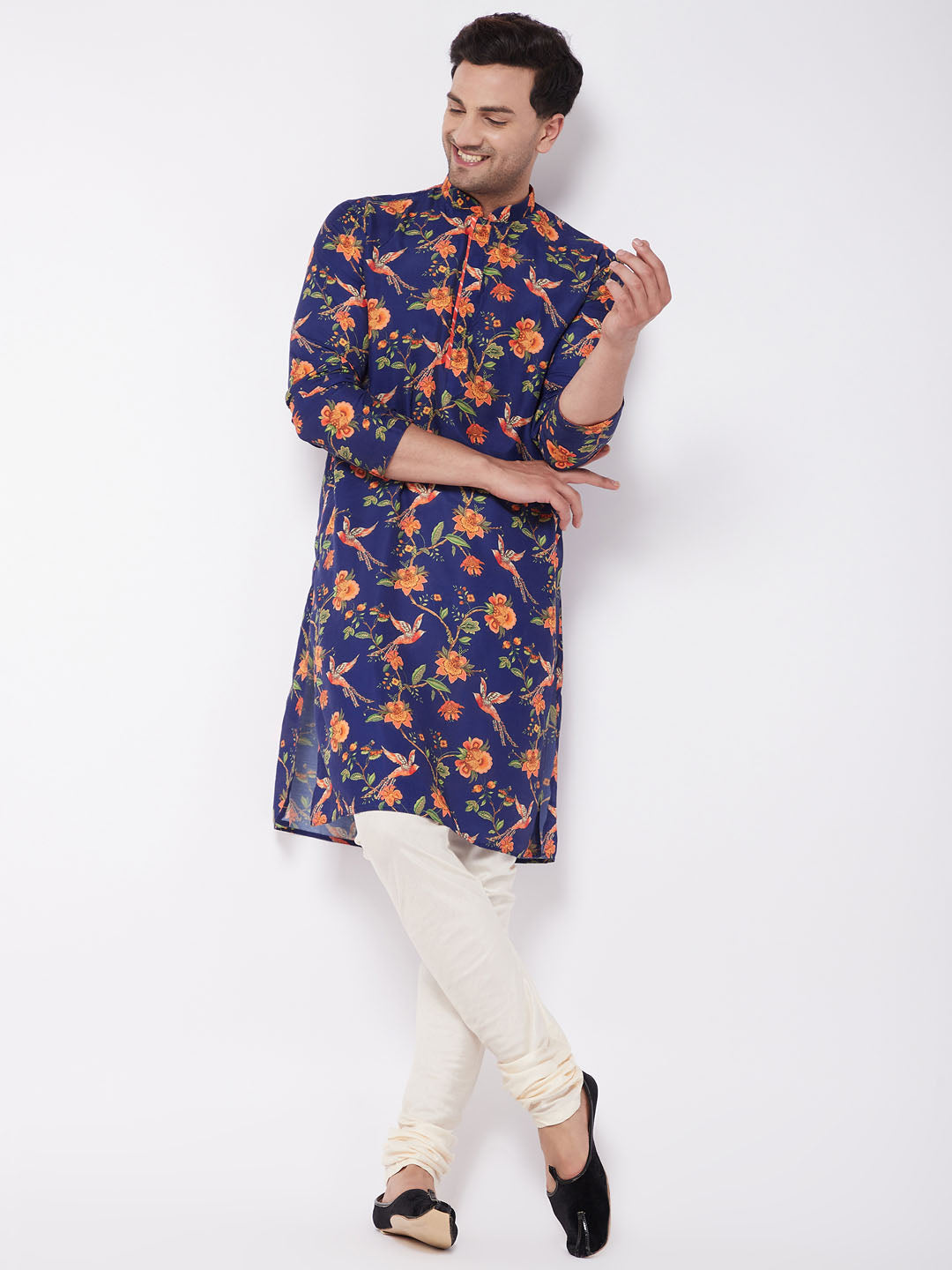 Men's Multicolor-Base-Navy Blue Muslin Kurta