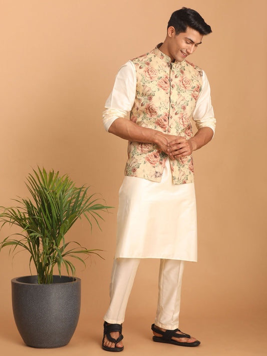 Men's Cream And Brown Silk Blend Jacket, Kurta and Pyjama Set