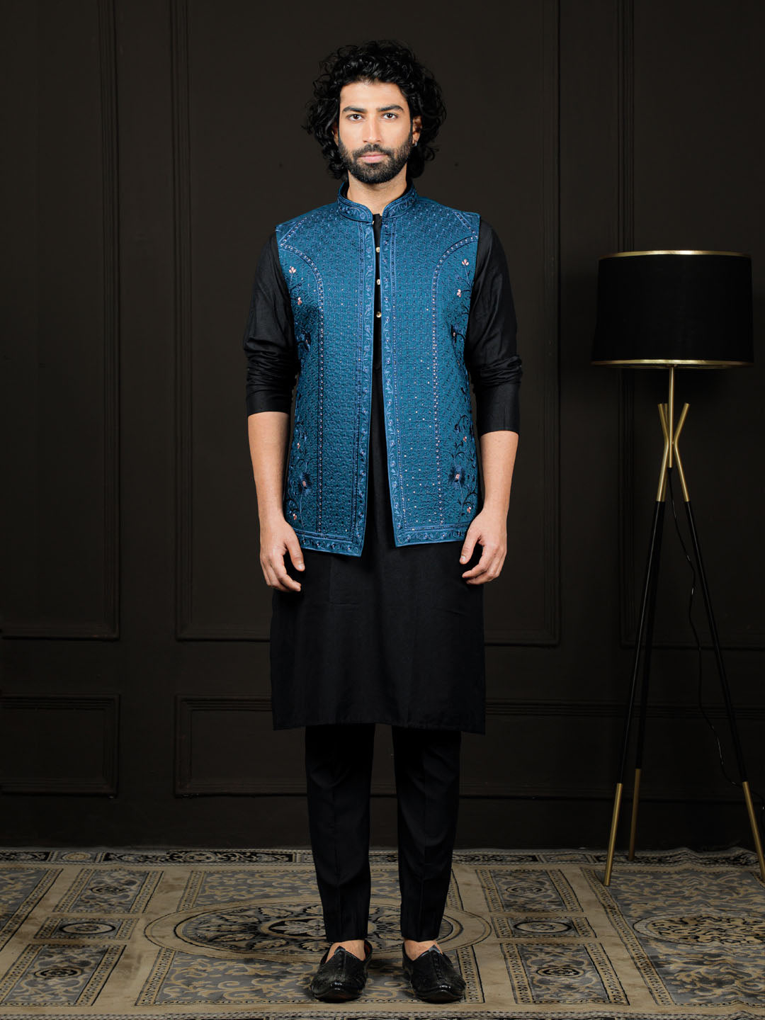 Men's Black And Turquoise Viscose Jacket, Kurta and Pyjama Set