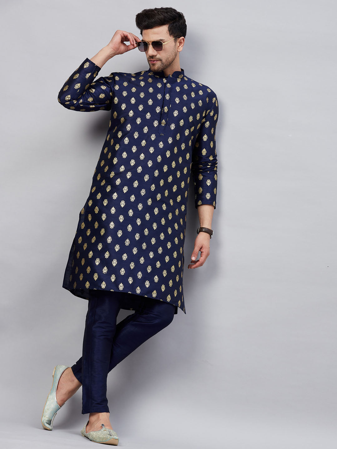 Men's Navy Blue Dupion Silk Kurta