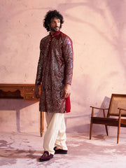 Men's Maroon And Cream Georgette Kurta and Patiala Set