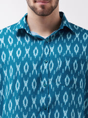 Men's Turquoise Cotton Blend Ethnic Shirt