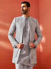 Men's Silver Silk Blend Sherwani Only Top