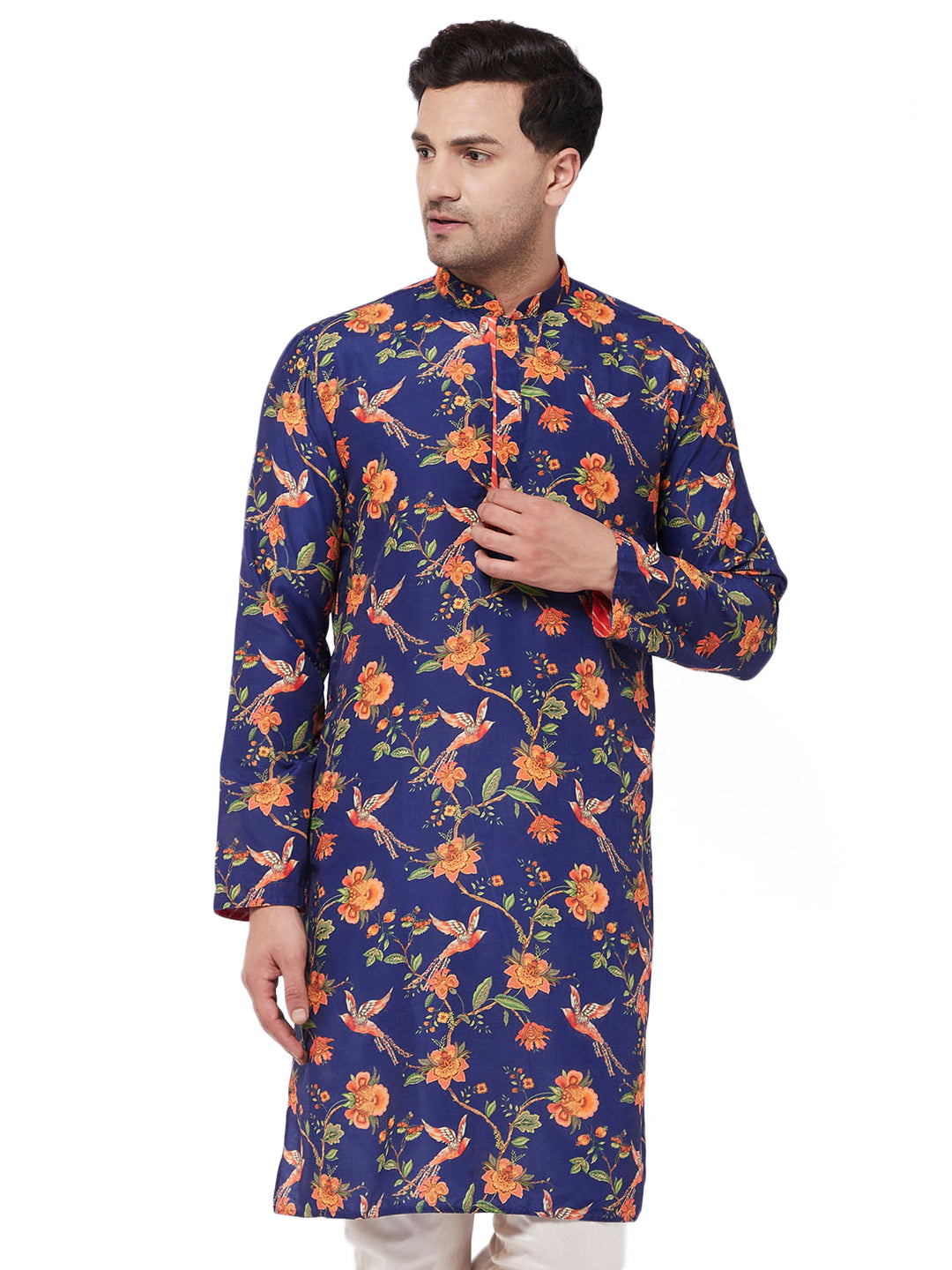 Men's Multicolor-Base-Navy Blue Muslin Kurta