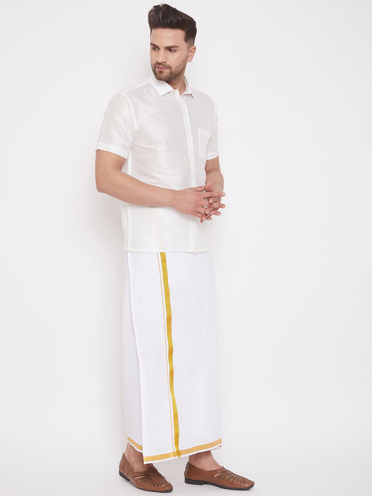 Men's White Silk Blend Shirt And Mundu