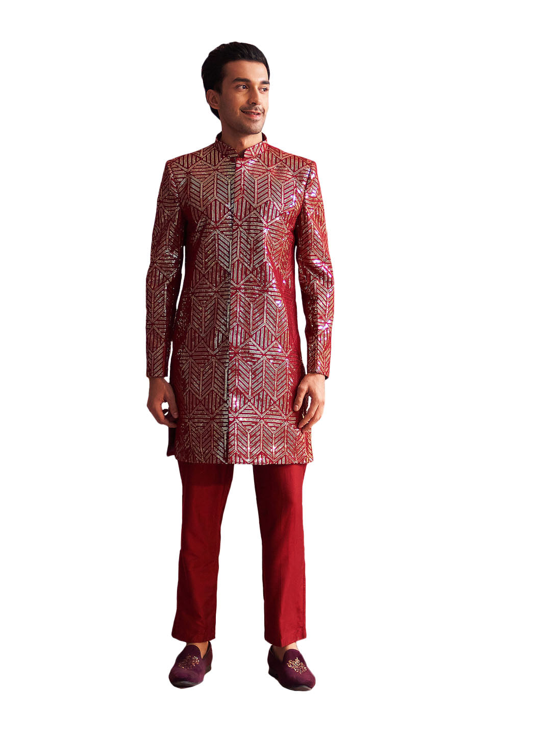 Men's Maroon Georgette Sherwani Set