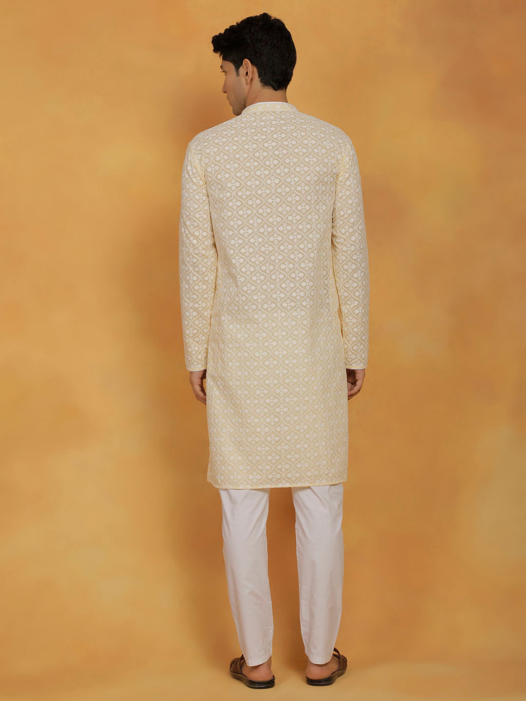 Men's Yellow And White Cotton Kurta And Pyjama Set