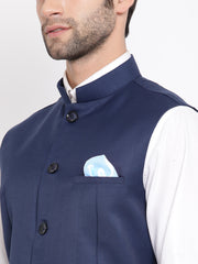 Men's Navy Blue Cotton Silk Nehru Jacket