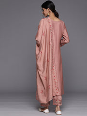 Women Mauve3/4Th Sleeve Embroidered Kurta Paired With Embroidered Hem Bottom And Embroidered Dupatta.