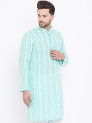 Men's Green and White Cotton Kurta