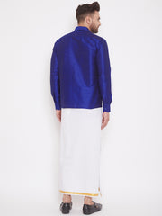 Men's Blue and White Silk Blend Shirt And Mundu